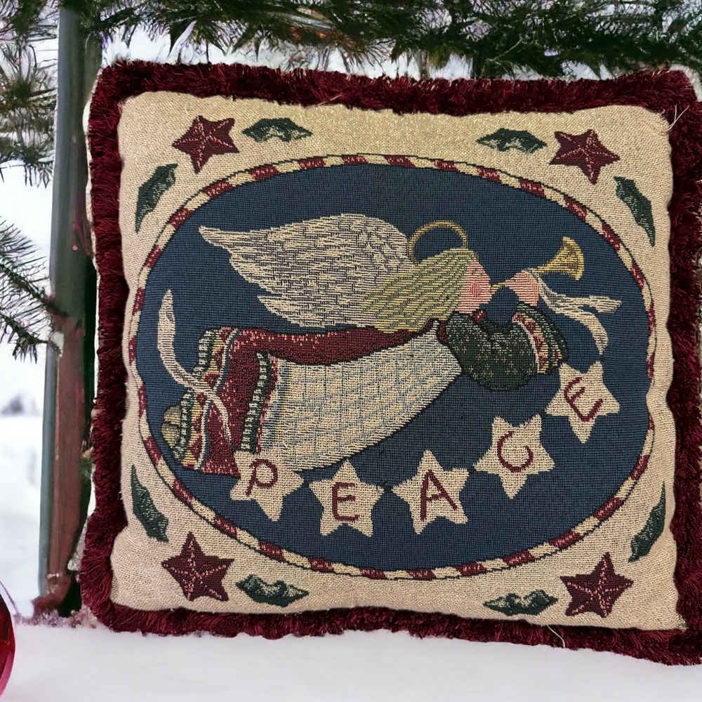 Christmas Metallic Tapestry Throw Pillow Angel Peace 14”x14”